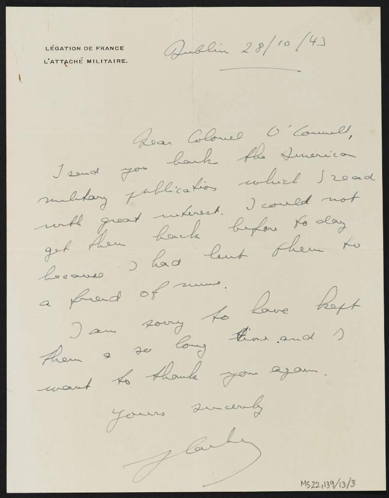 Letter from unidentified author to J.J. O'Connell regarding publications on the American military,