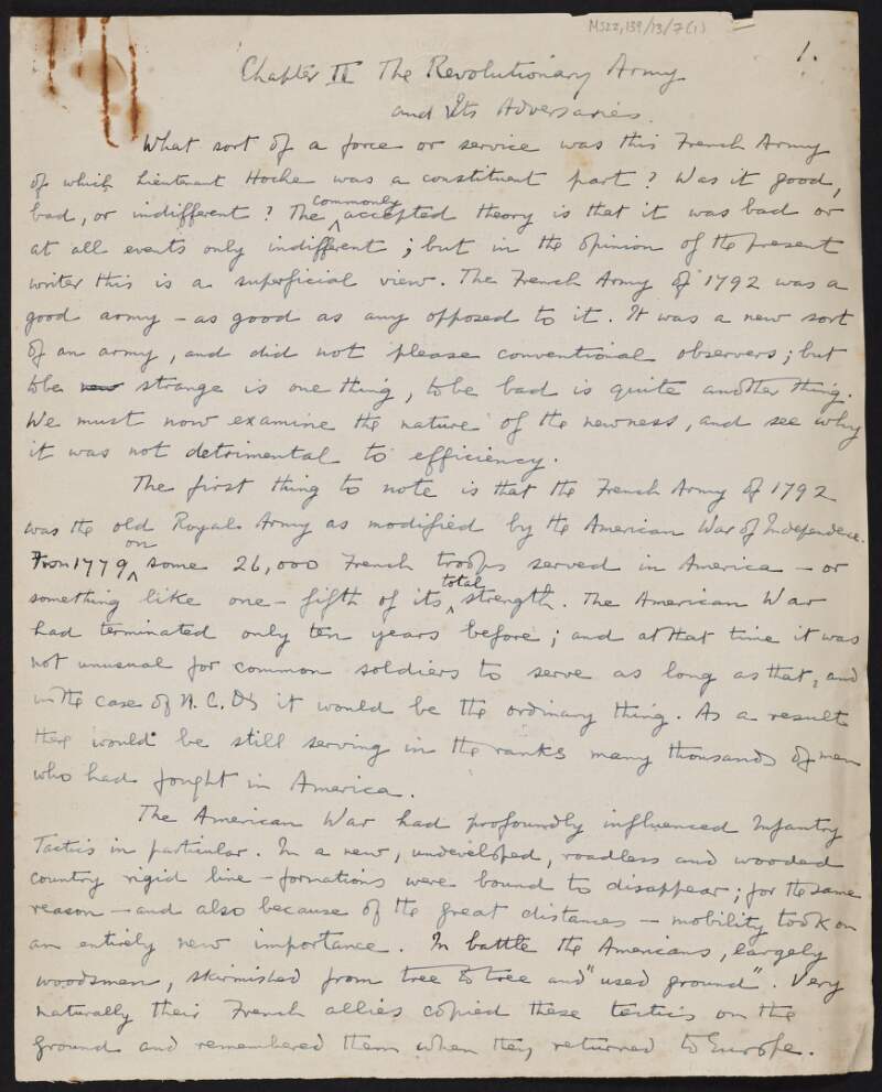 Notes titled "Chapter II The Revolutionary Army and its Adversaries" discussing the influence of American wars on French soldiers and French technical arms,