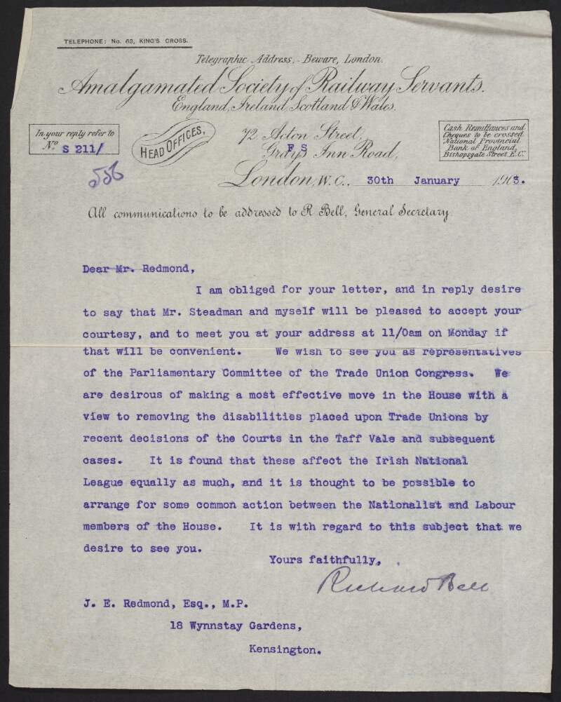 Letter from Richard Bell arranging a meeting,