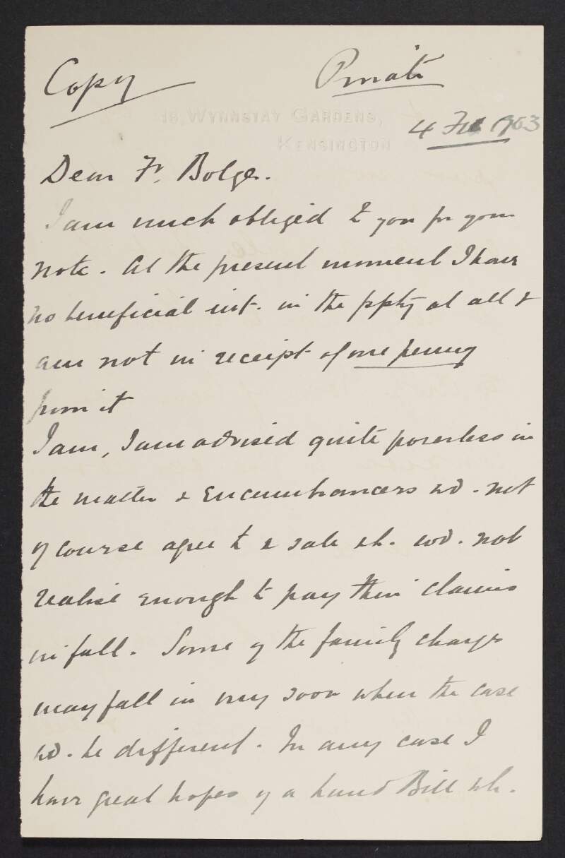Copy letter from John Redmond to David Bolger regarding the sale of his estate,