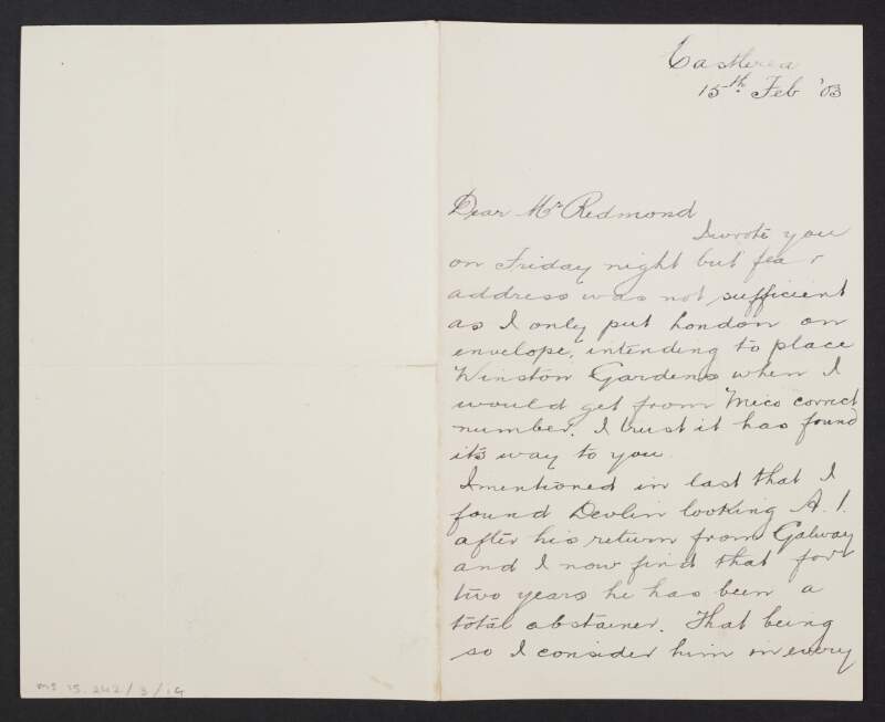 Letter from John Fitzgibbon to John Redmond regarding Charles R. Devlin's abilities as an orator,