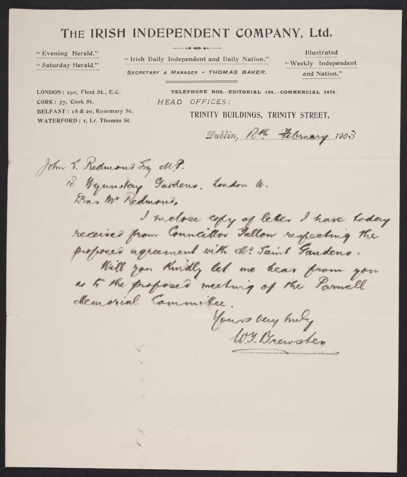 Letter from William Theodore Brewster to John Redmond enclosing a copy of a letter from Daniel Tallon regarding the proposed agreement with Augustus Saint-Gauden for the Parnell statue,