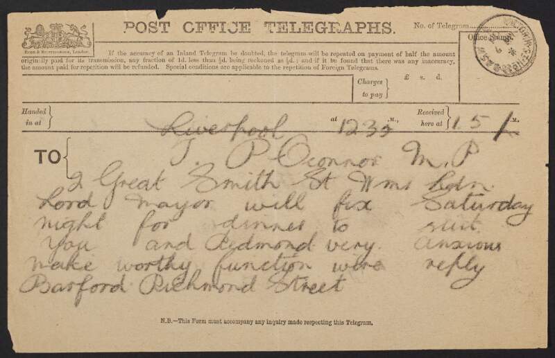 Telegram from Austin Harford to Thomas Power O'Connor regarding the Lord Mayor of Liverpool's dinner invitation to O'Connor and John Redmond,