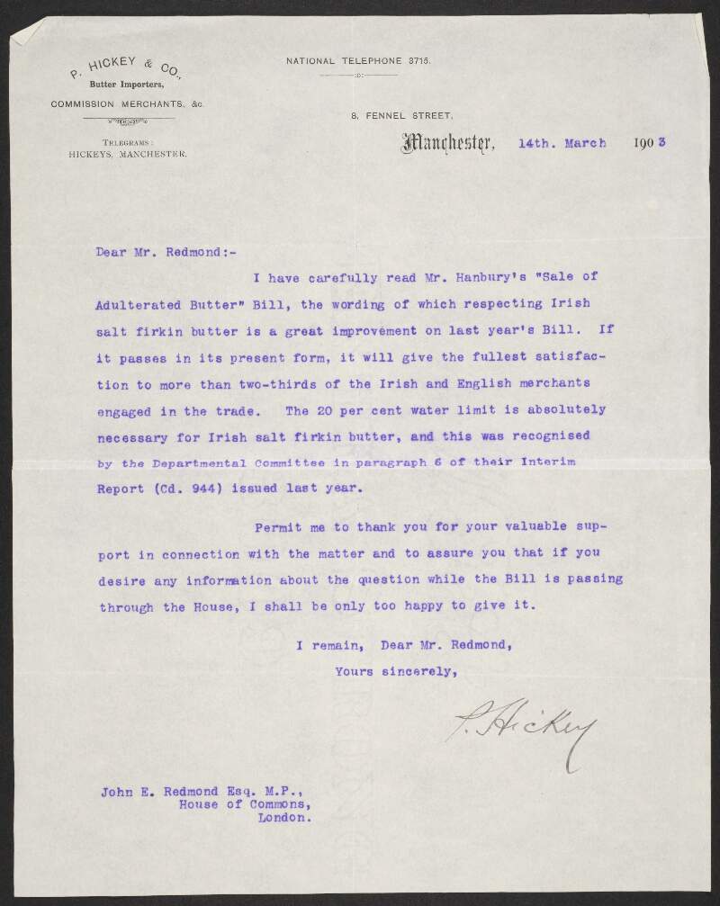 Letter from Patrick Hickey to John Redmond regarding changes to the Sale of Adulterated Butter Bill,