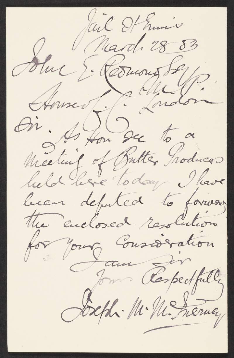 Letter from Joseph M. McInerny to John Redmond enclosing a nonextant resolution adopted by a meeting of butter producers,