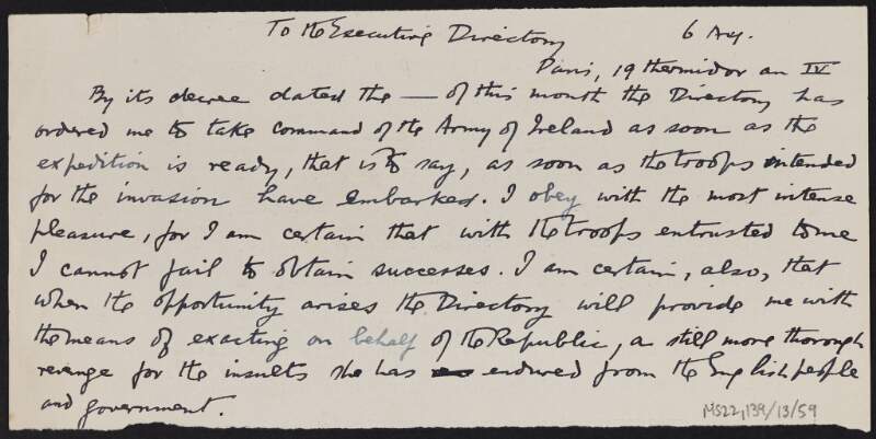 Note with copy letter from unidentified person to the French Directory regarding taking command of the Army of Ireland after commencing an expedition,