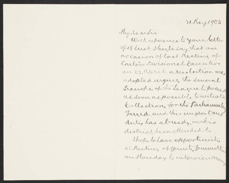 Letter from John Hammond to John Redmond regarding a resolution adopted by the Carlow Divisional Executive in relation to collecting for the Parliamentary Fund,