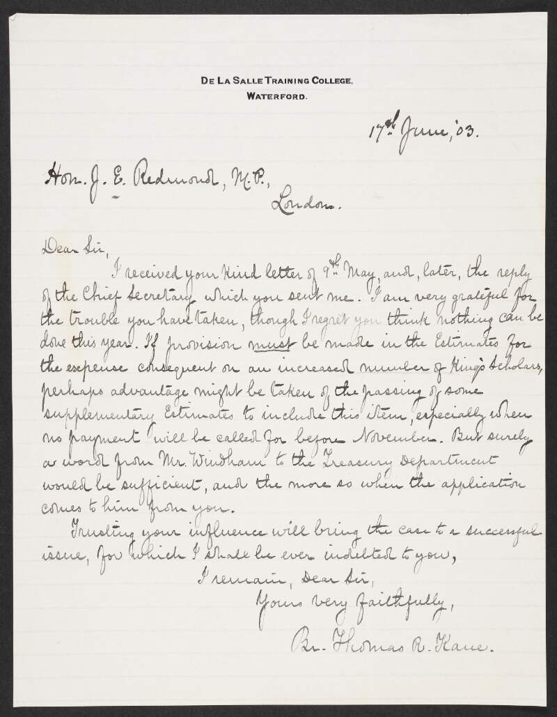 Letter from Brother Thomas R. Kane to John Redmond regarding funding for an increased number of scholars in De La Salle College, Co. Waterford,