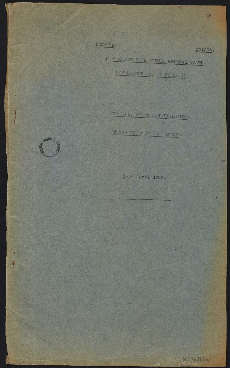 Partial cover of lecture from the Department of Defence,