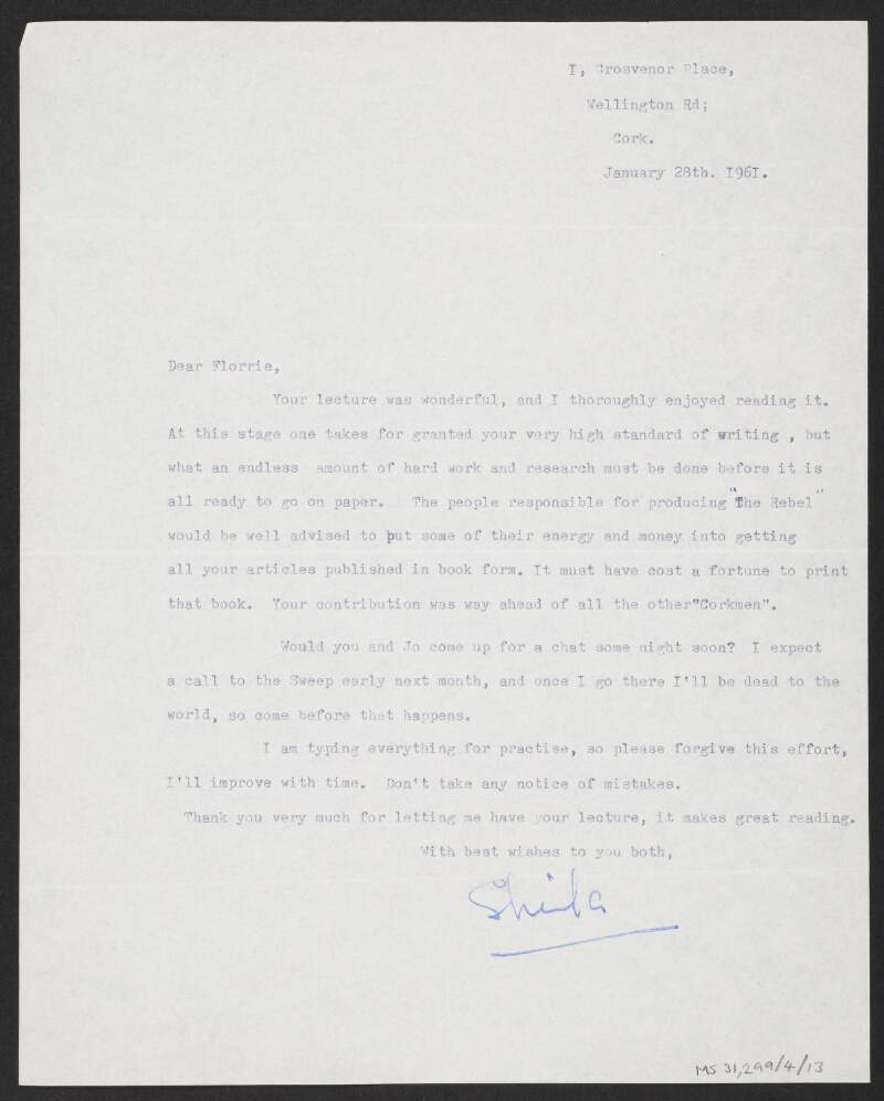 Letter from an unidentified author to Florence O'Donoghue expressing gratitude to O'Donoghue for supplying a copy of his paper ["Plans for the 1916 Rising"],
