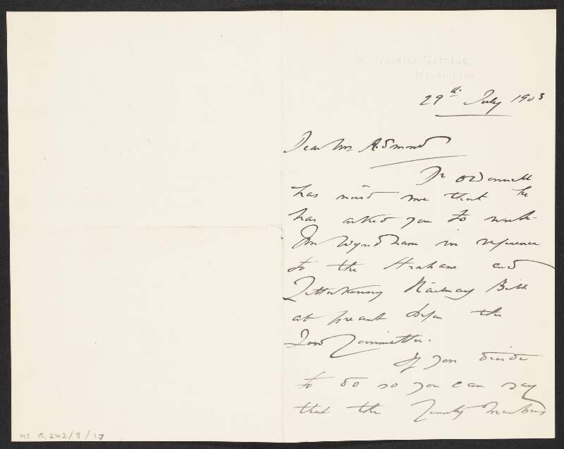 Letter from unidentified person to John Redmond regarding the Strabane and Letterkenny Railway Bill,
