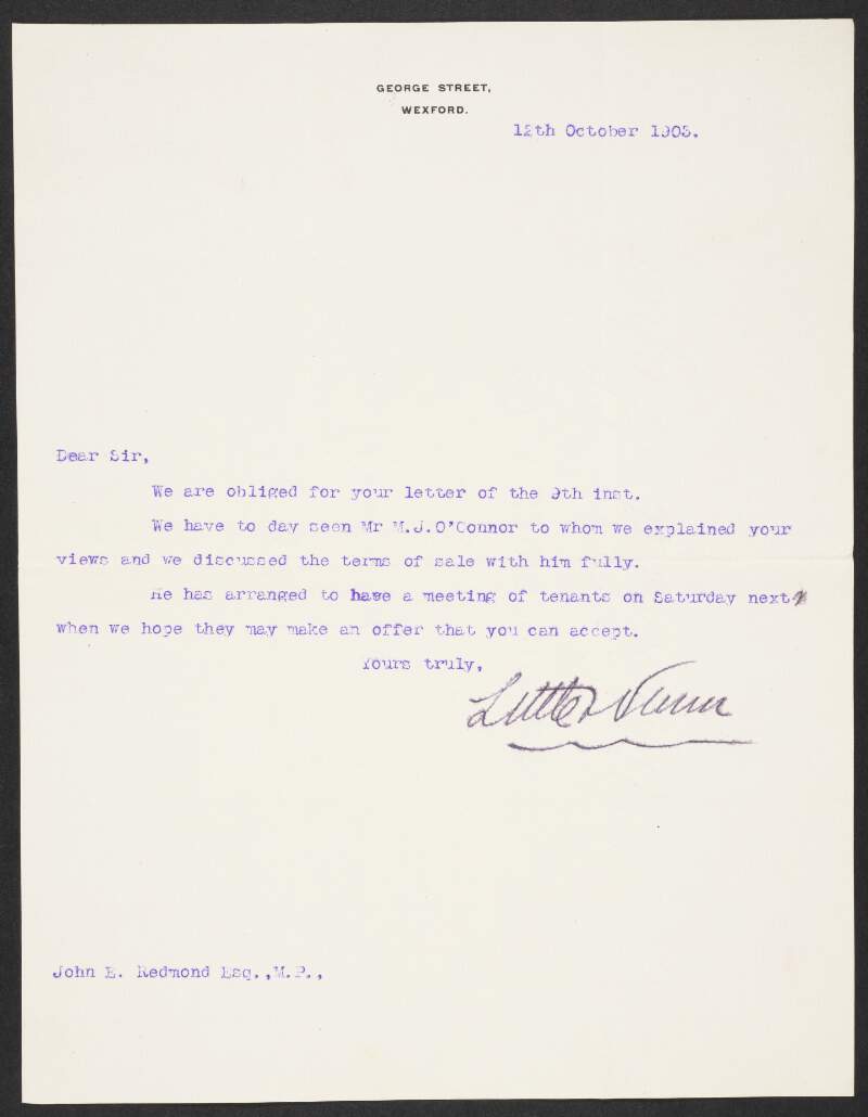 Letter from Little & Nunn to John Redmond regarding the terms of sale of the Redmond estate,