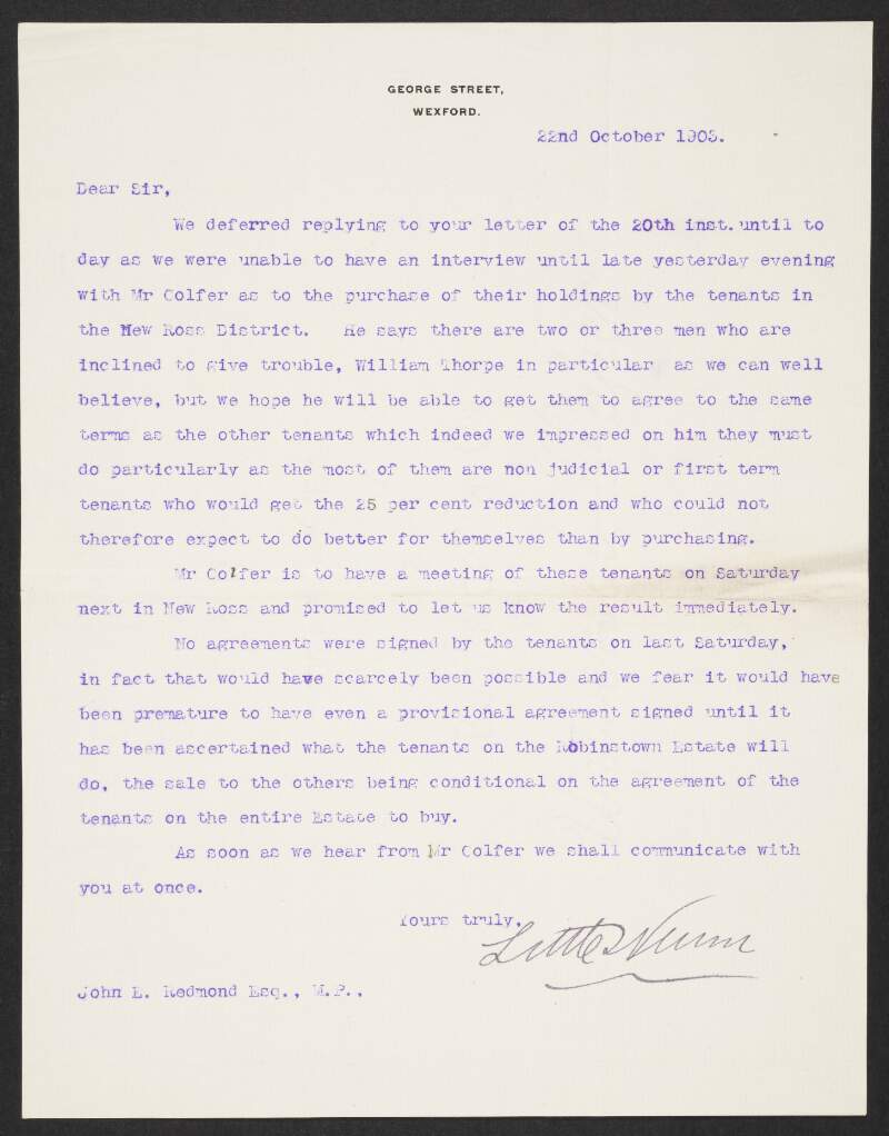 Letter from Little & Nunn to John Redmond regarding the purchase of holdings by tenants,