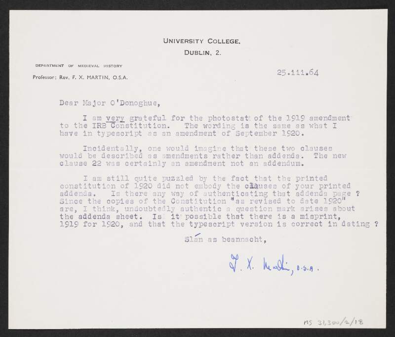 Letter from F.X. Martin to Florence O'Donoghue regarding amendments of the 1919 and 1920 constitutions of the Supreme Council of the Irish Republican Brotherhood,