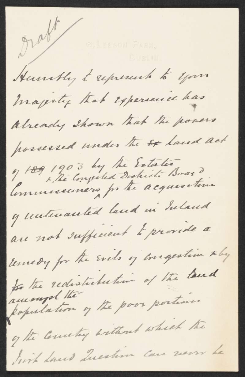Draft fragment of speech by John Redmond on the Land Act, 1903,