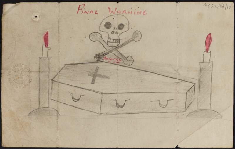 [Coffin with skull and cross bones with "FINAL WARNING" inscribed]