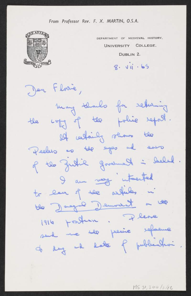 Letter from F.X. Martin to Florence O'Donoghue regarding Darrell Figgis and the Easter Rising,
