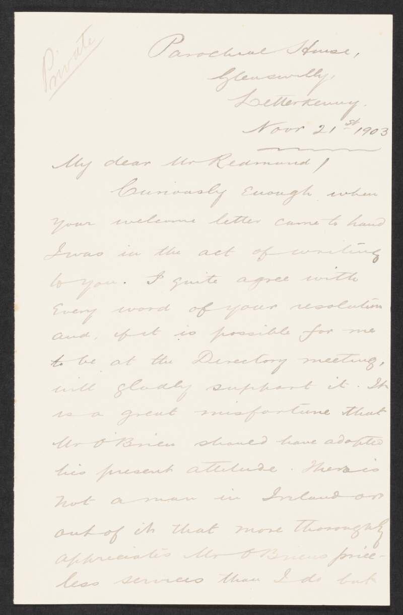 Letter from James Charles Cannon to John Redmond regarding a resolution to be discussed at a forthcoming Directory meeting,