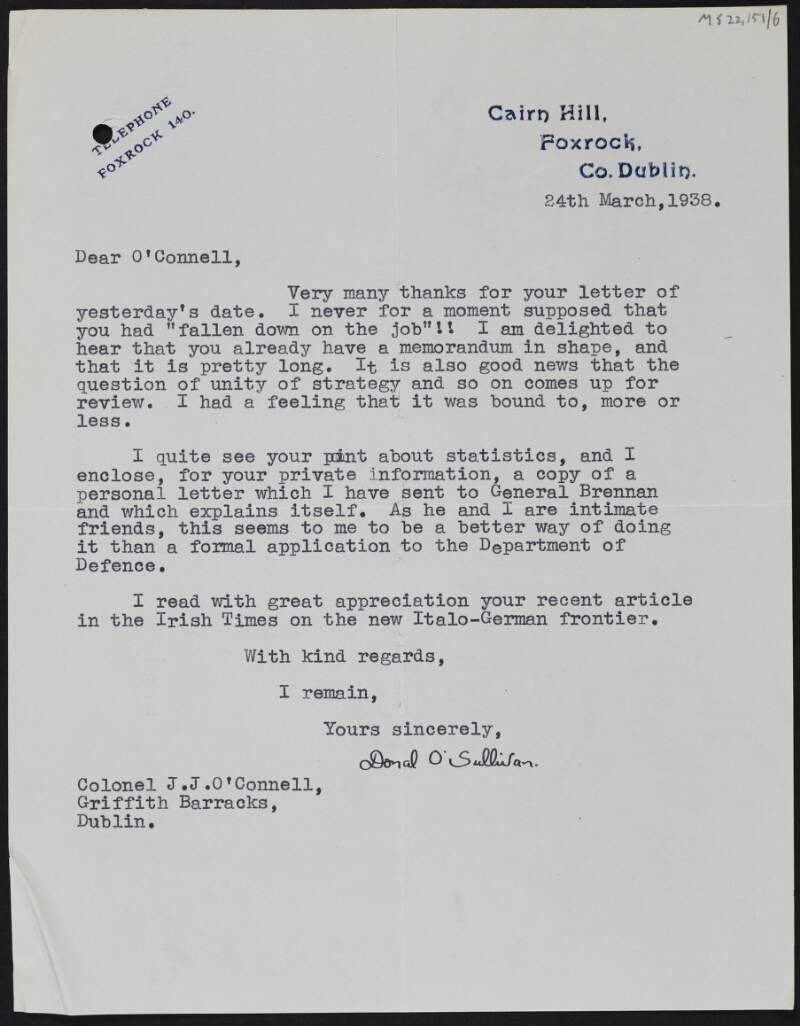 Letter from Donal O'Sullivan to J.J. O'Connell regarding a memorandum written by O'Connell and a nonextant letter,