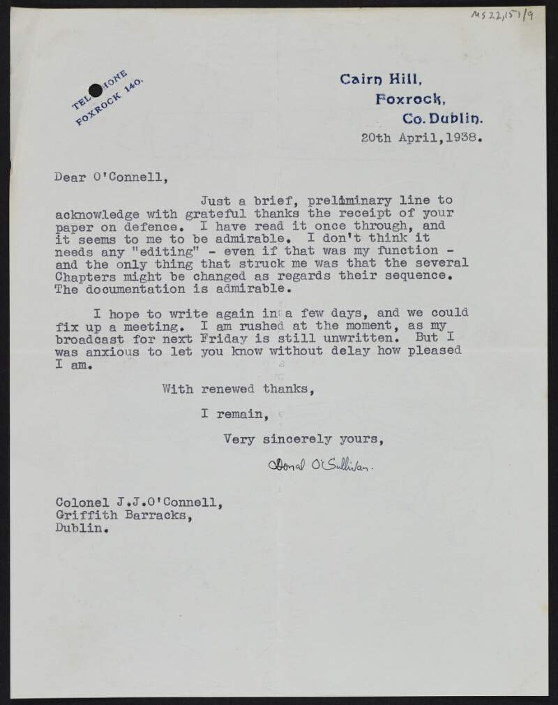 Letter from Donal O'Sullivan to J.J. O'Connell acknowledging receipt of a paper on defence by O'Connell,