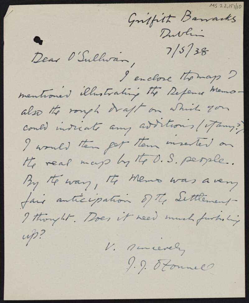 Copy letter from J.J. O'Connell to Donal O'Sullivan regarding a nonextant map,
