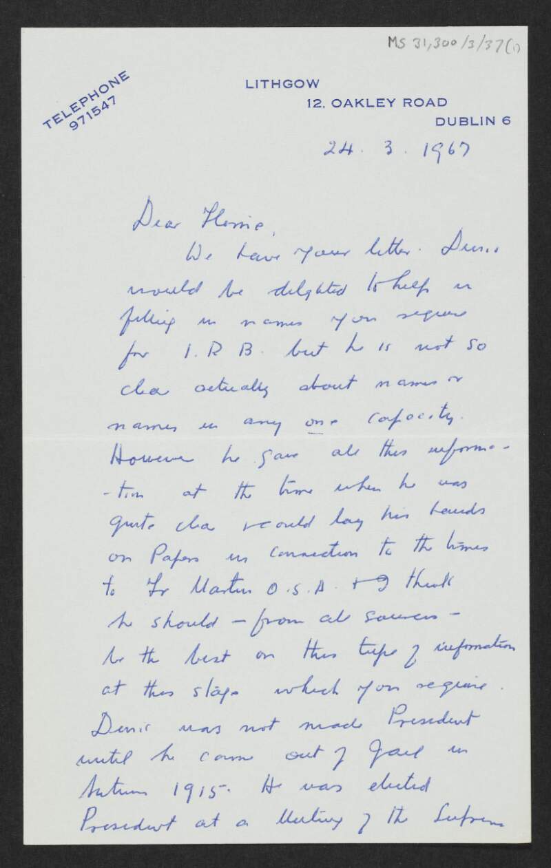 Letter from Agnes McCullough to Florence O'Donoghue regarding and including a list of names of Irish Republican Brotherhood members prior to the Easter Rising supplied by her husband Denis McCullough,