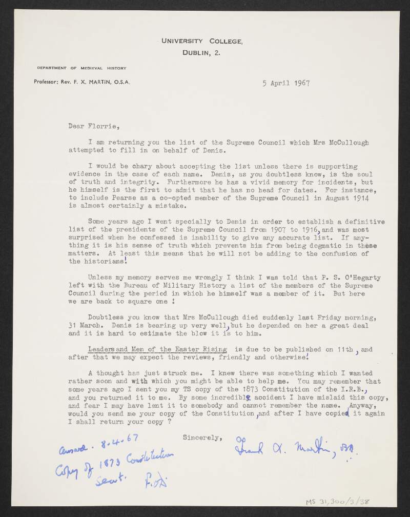 Letter from F.X. Martin to Florence O'Donoghue regarding the list of the Supreme Council of the Irish Republican Brotherhood provided by Agnes McCullough on behalf of her husband Denis McCullough,