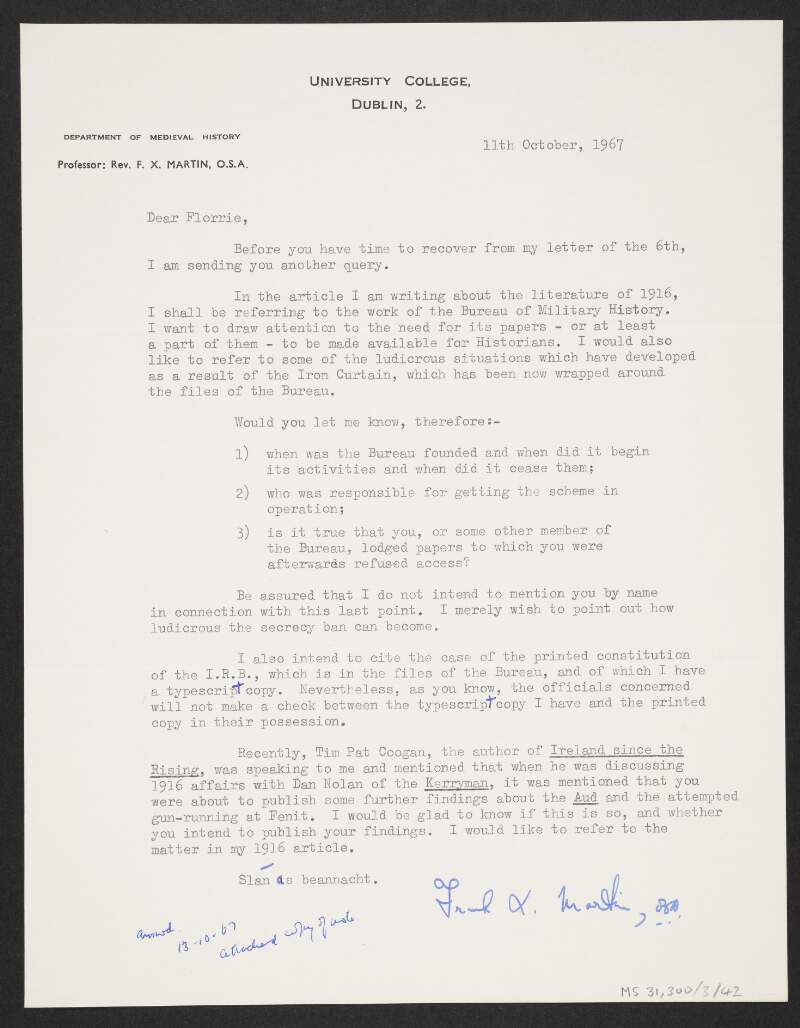 Letter from F.X. Martin to Florence O'Donoghue requesting information on the founding of the Bureau of Military History, and regarding access to the Bureau's files,