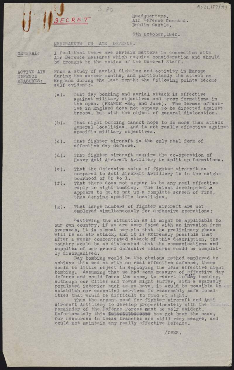 Memorandum from the Air Defence Command on air defence measures,