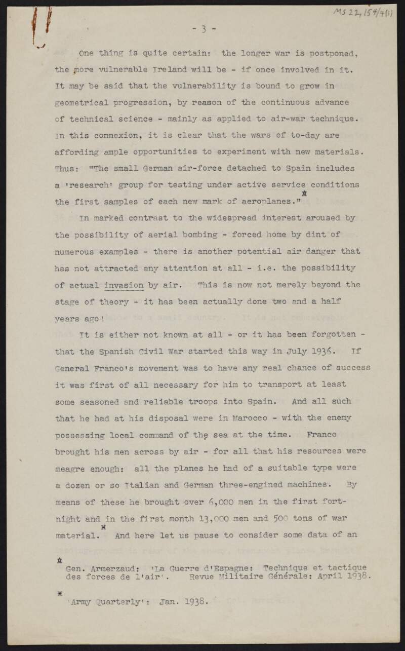 Notes by J.J. O'Connell regarding invasion by air during the Second World War,