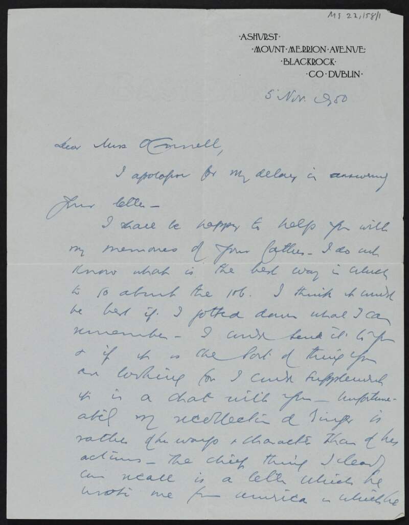 Letter from Conor Maguire to Niamh O'Connell regarding memories of her father J.J. O'Connell,