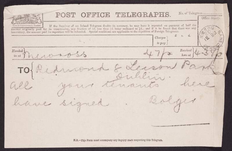 Telegram from David Bolger to John Redmond informing him that all tenants have signed [an agreement],