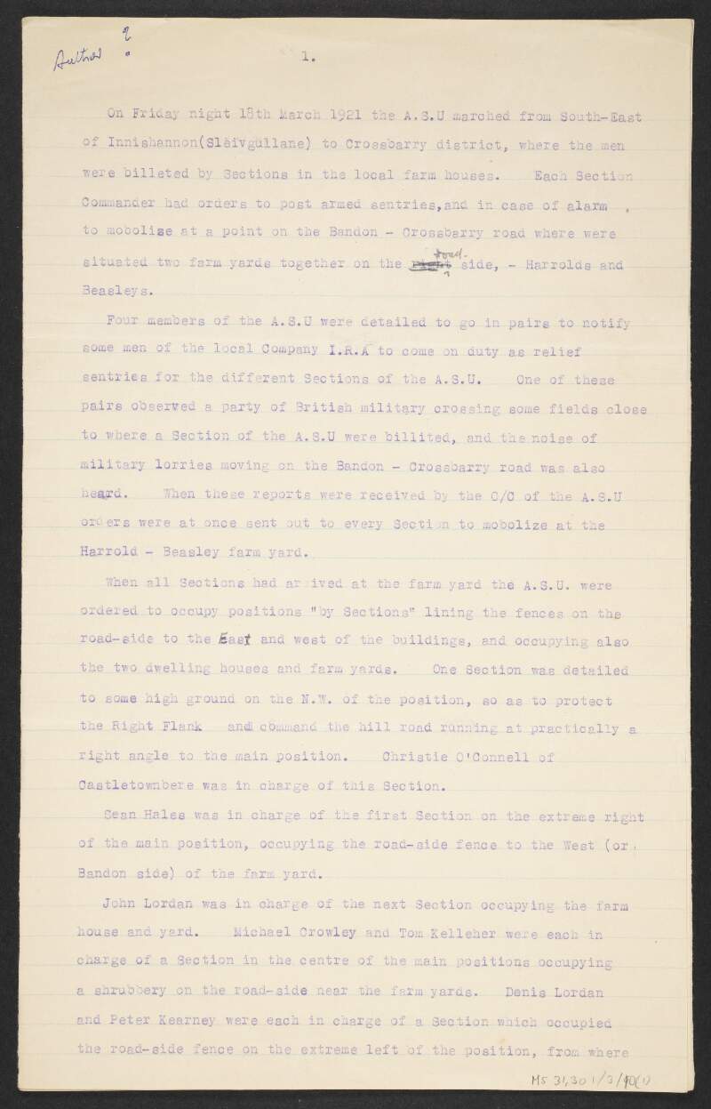 Draft article by unidentified author relating to events leading up to the Crossbarry Ambush,