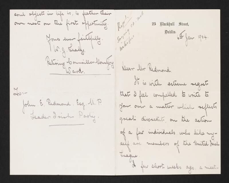 Letter from unidentified person to John Redmond regarding the actions of a few members of the United Irish League,
