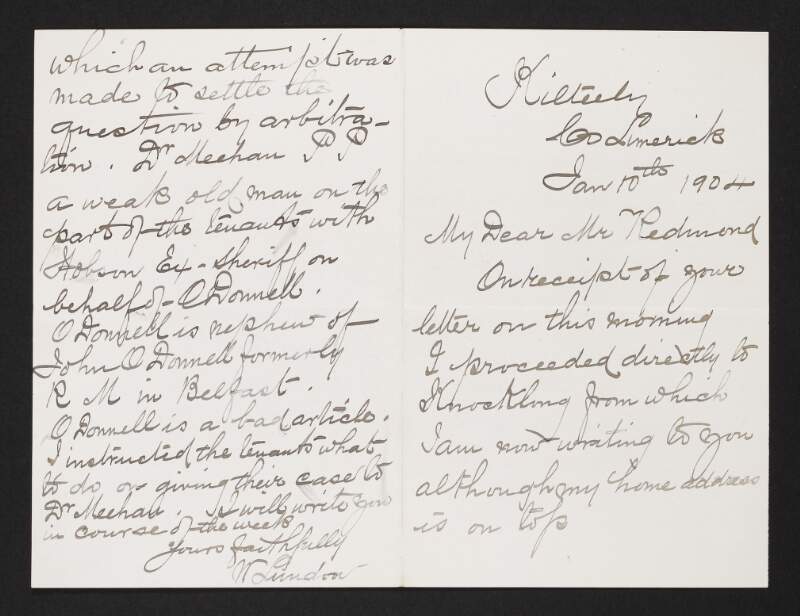 Letter from William Lundon to John Redmond regarding the prospects of a settlement on the O'Donnell estate near Kilmallock, Co. Limerick,