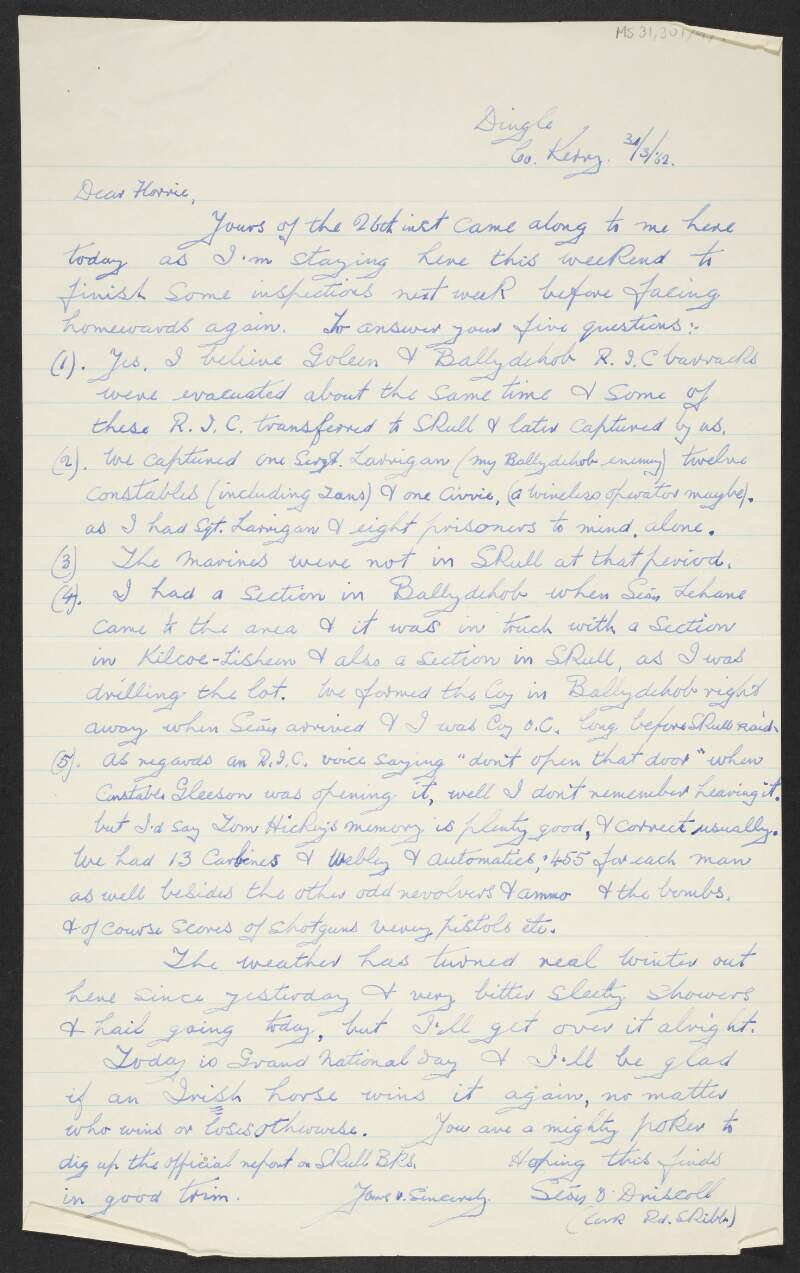 Letter from Seán O'Driscoll to Florence O'Donoghue providing feedback on O'Donoghue's article about the ambush on Schull RIC Barracks,