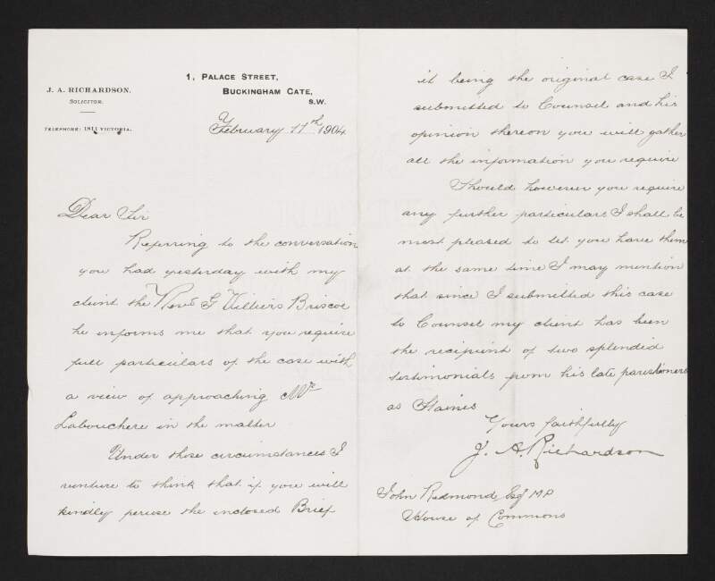 Letter from J. A. Richardson, Solicitor, to John Redmond regarding a client and enclosing a nonextant bill,