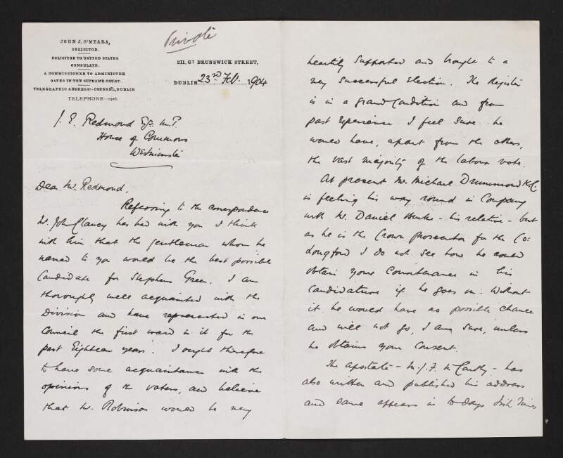 Letter from John James O'Meara to John Redmond regarding the candidate for the St. Stephen's Green Division,