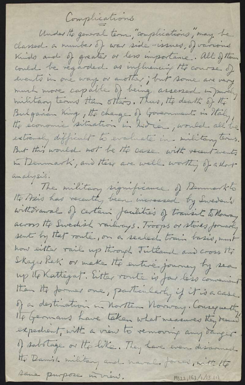 Notes by J.J. O'Connell regarding German forces in Norway and Denmark during the Second World War,