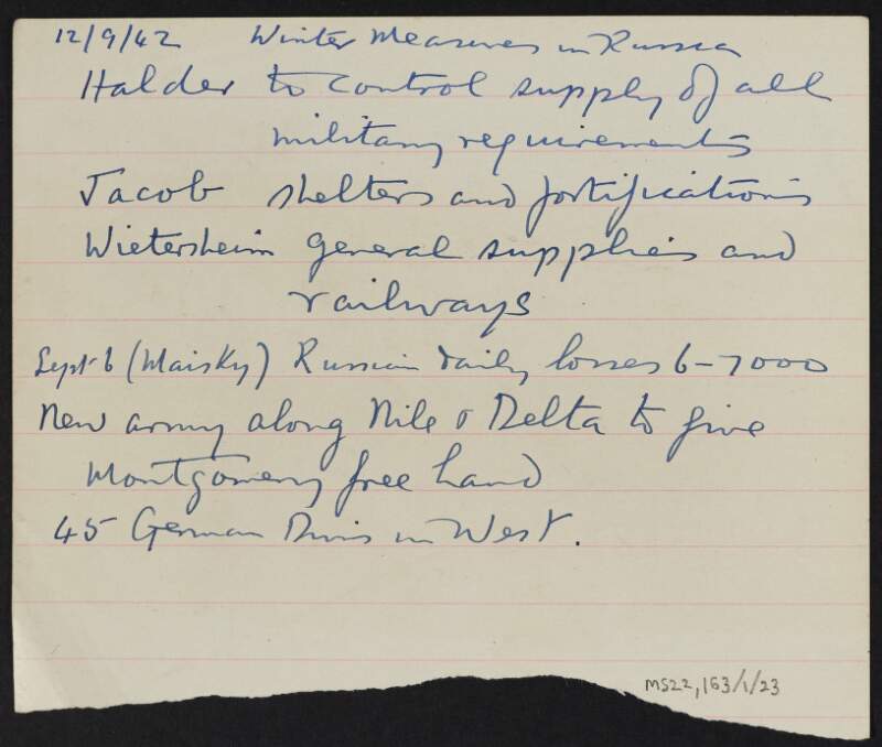 Notes by J.J. O'Connell titled "Winter Measures in Russia",