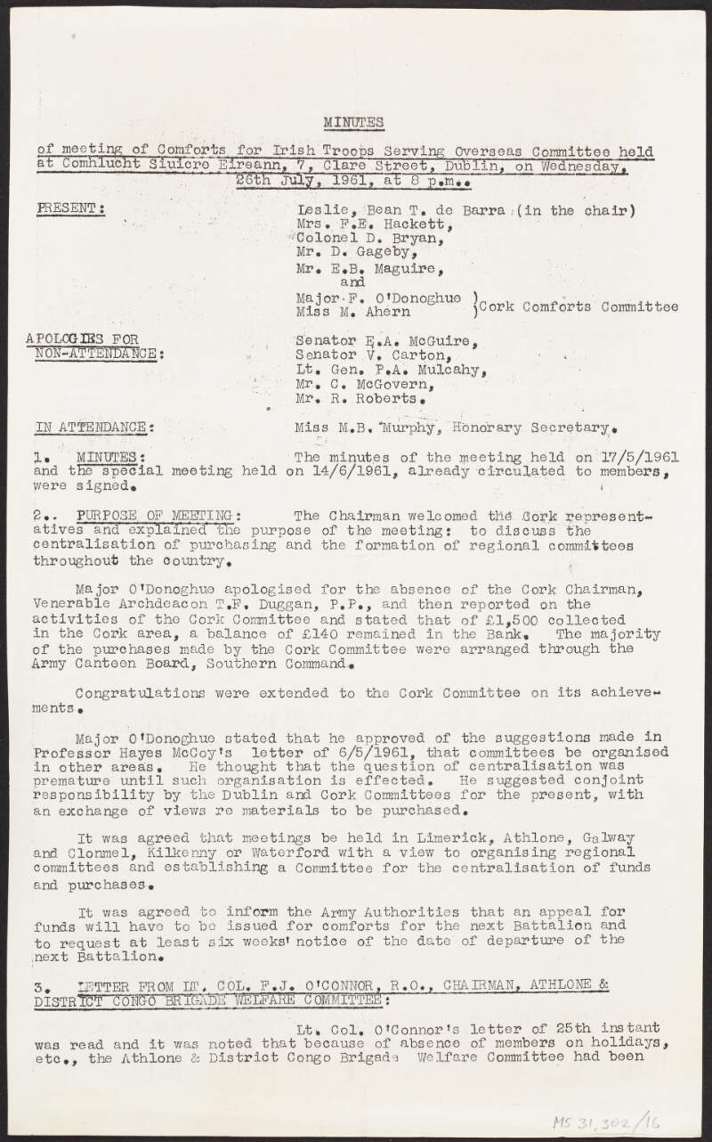 Minutes for meeting for members of the Comforts for Irish Troops Serving Overseas Committee,