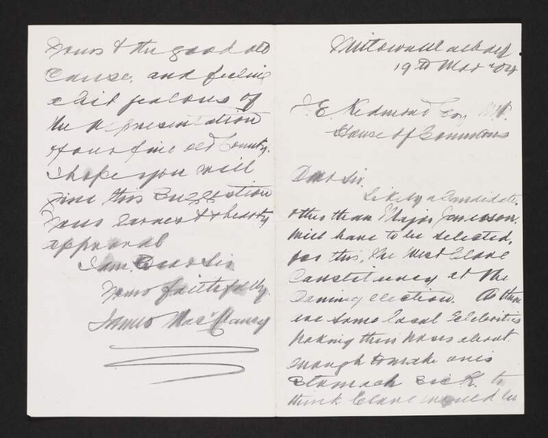 Letter from James MacClancy to John Redmond offering a suggestion for a nationalist candidate for the constituency of West Clare in the forthcoming election,