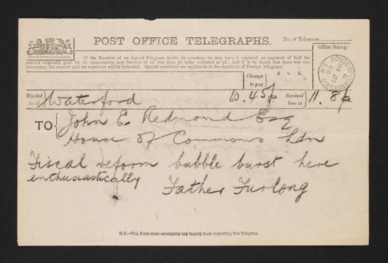 Telegram from Thomas F. Furlong to John Redmond regarding fiscal reform,