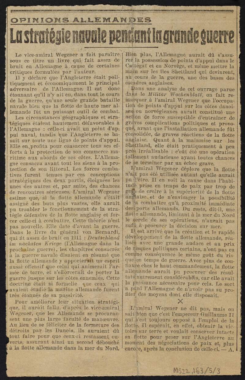 Newspaper article from unidentified French newspaper titled 'Naval Strategy during the Great War',