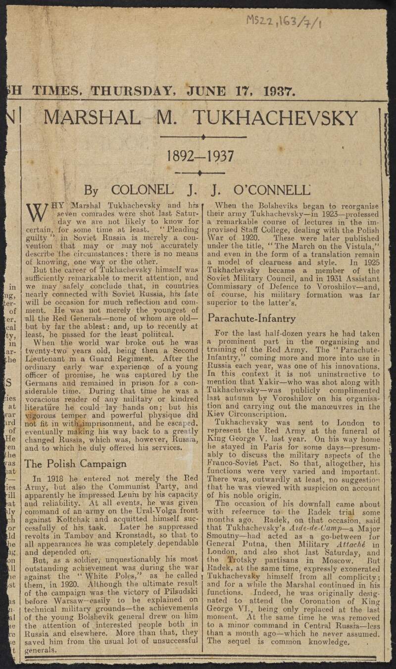 Newspaper cutting from the 'Irish Times' with obituary of Mikhail Tukhachevskiĭ written by J.J. O'Connell,