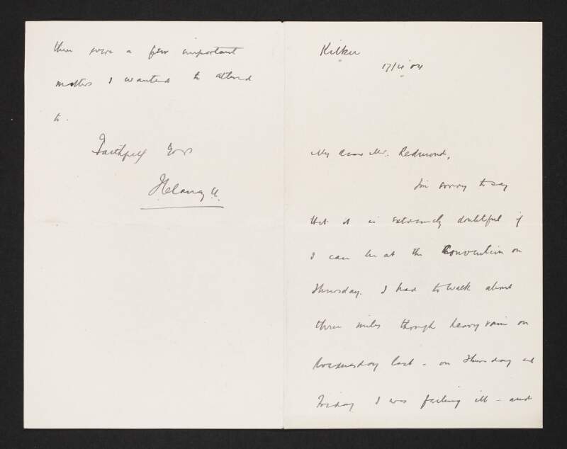 Letter from James Clancy to John Redmond noting that he is too ill to attend a convention,