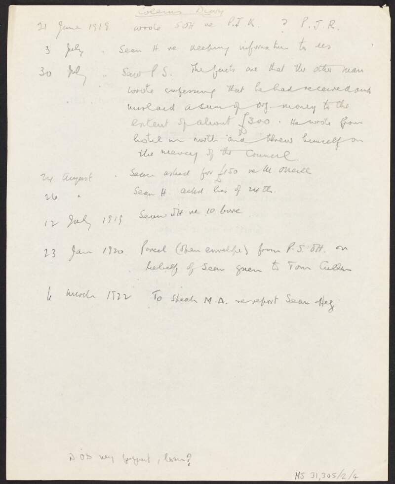 Notes by Florence O'Donogue from [Michael] Collins' diary 2 June 1918 to 1 March 1922,