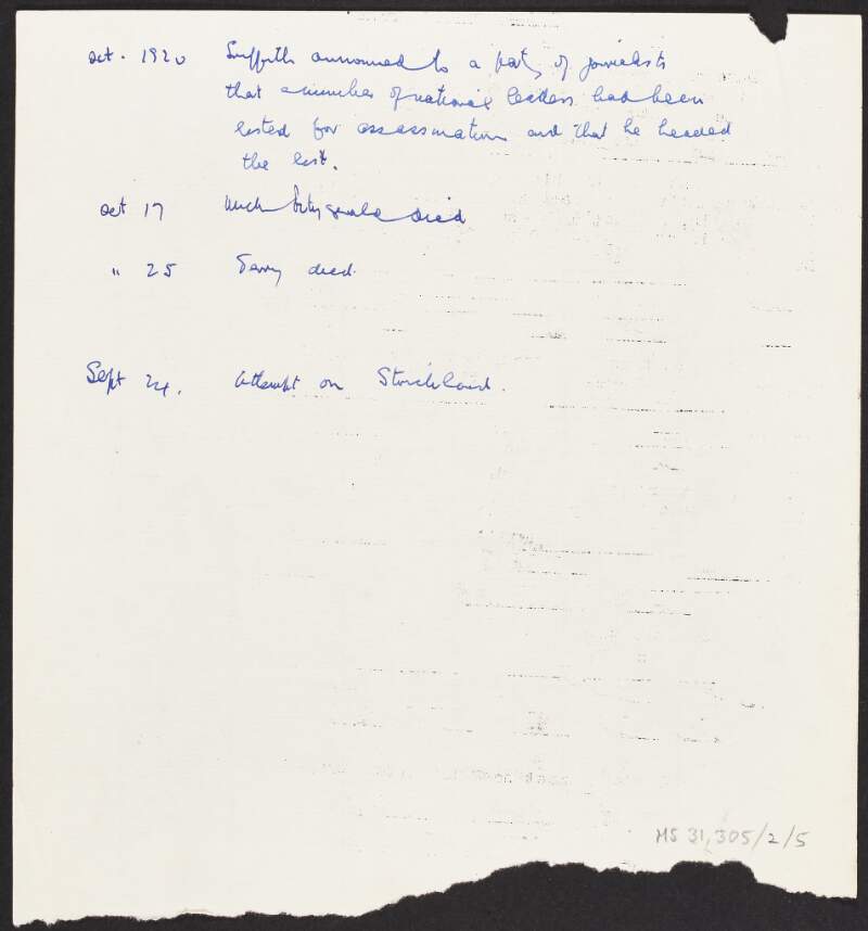 Notes by Florence O'Donogue relating to events on certain dates of September and October 1920,