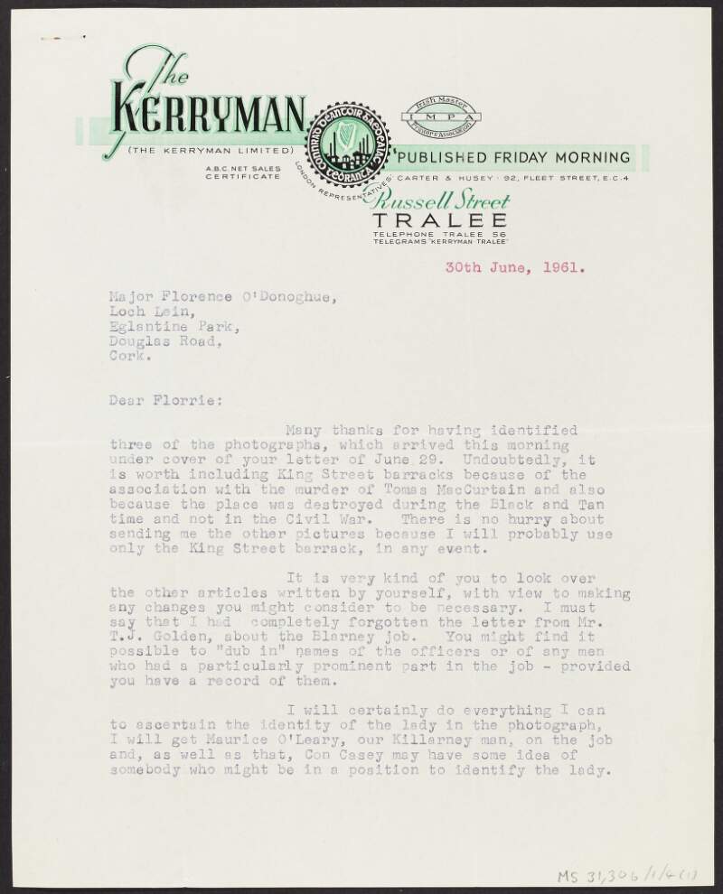 Letter from Dan Nolan, 'Kerryman', to Florence O'Donoghue regarding photographs of Cork City to be used in the new edition of 'Rebel Cork's Fighting Story',