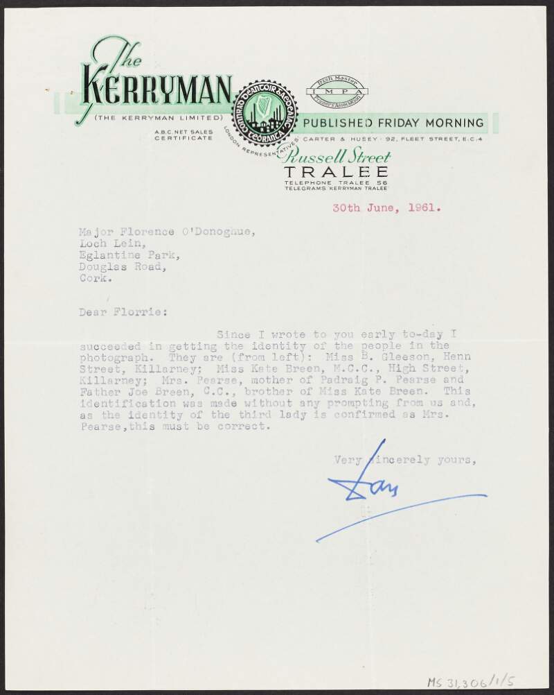 Letter from Dan Nolan, 'Kerryman', to Florence O'Donoghue confirming that he has identified people in a photograph,